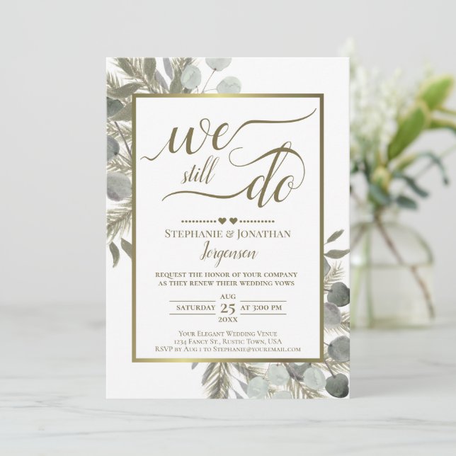 Invitation Aquarelle Eucalyptus et pin Gold Vow Renouvellemen (Debout devant)