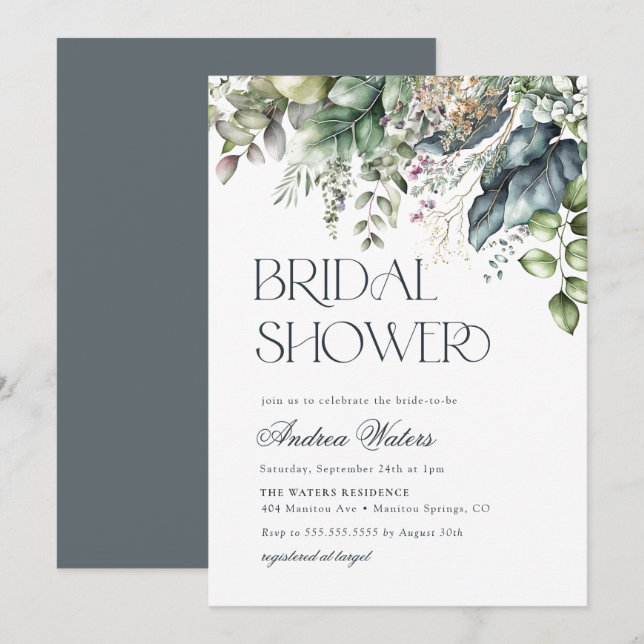 Invitation Aquarelle Eucalyptus Fête des mariées botanique (Devant / Derrière)