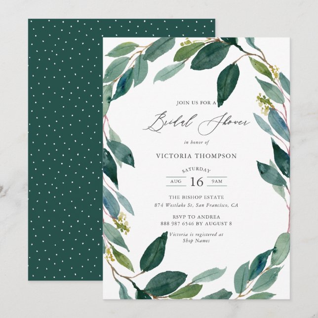 Invitation Aquarelle Eucalyptus Fête des mariées de couronne (Devant / Derrière)