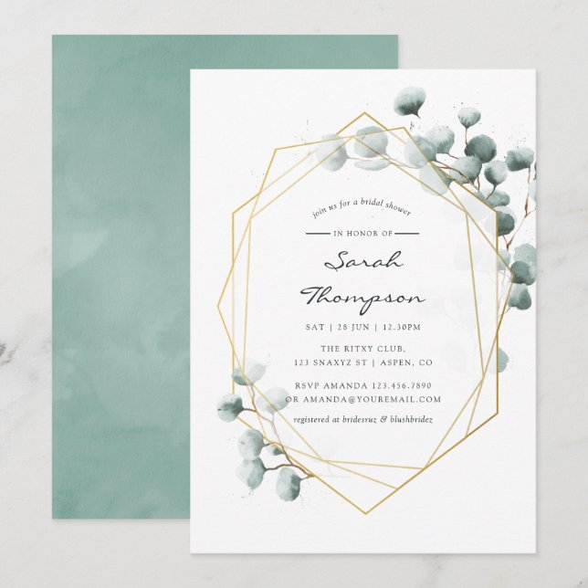 Invitation Aquarelle Eucalyptus Fête des mariées géométrique (Devant / Derrière)