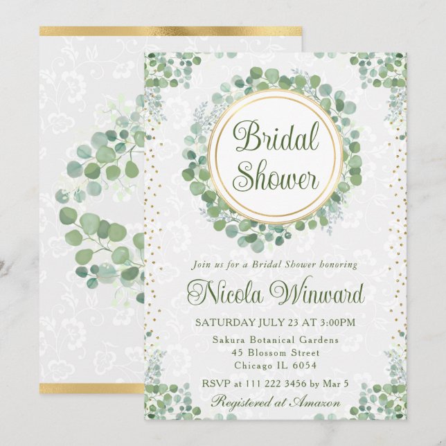 Invitation Aquarelle Eucalyptus Fête des mariées verte (Devant / Derrière)