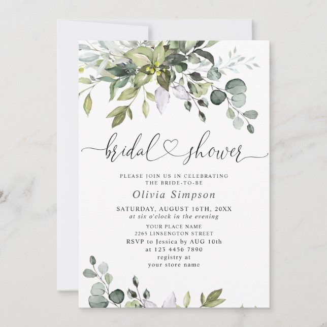 Invitation Aquarelle Eucalyptus Fête des mariées verte (Devant)
