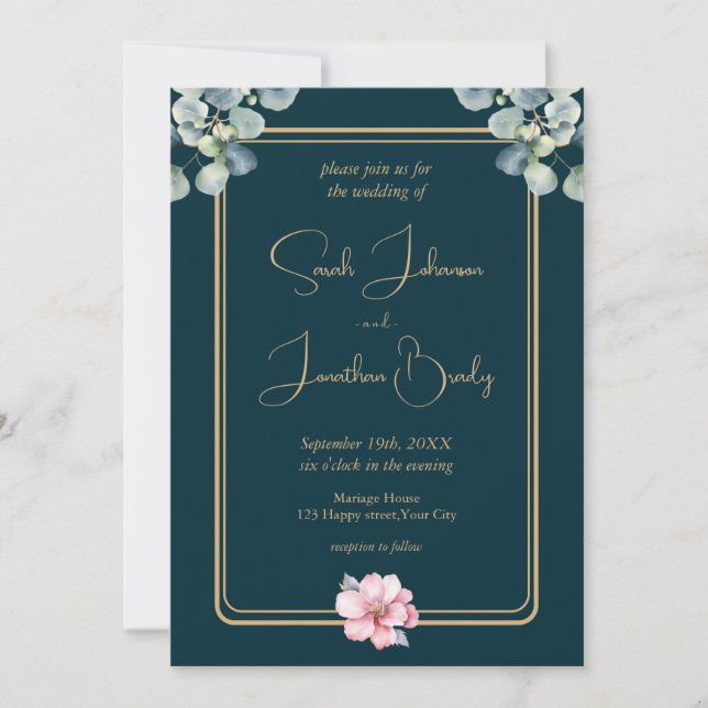 Invitation Aquarelle Eucalyptus Feuillage Mariage rose Fleur (Devant)