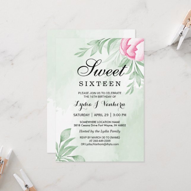 Invitation Aquarelle Eucalyptus Feuille doux 16 Anniversaire (Devant/Arrière en situation)