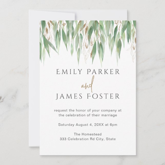 Invitation Aquarelle Eucalyptus Feuille Mariage de verdure or (Devant)