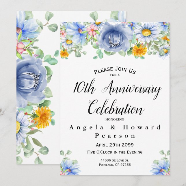 Invitation Aquarelle Eucalyptus Floral 10e Anniversaire  (Devant / Derrière)