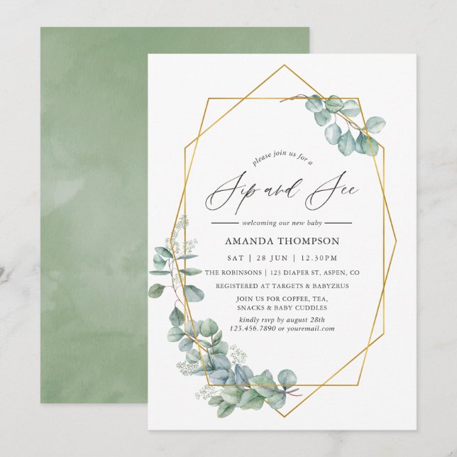 Invitation Aquarelle Eucalyptus géométrique Sip. (Devant / Derrière)