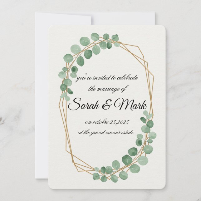 Invitation Aquarelle Eucalyptus Gold Mariage géométrique (Devant)