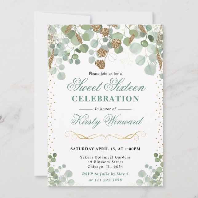 Invitation Aquarelle Eucalyptus Gold Parties scintillant Swee (Devant)