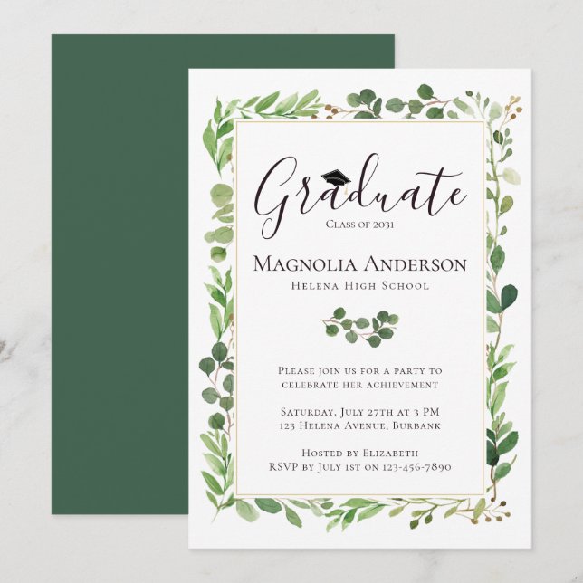 Invitation Aquarelle Eucalyptus Graduation Party (Devant / Derrière)
