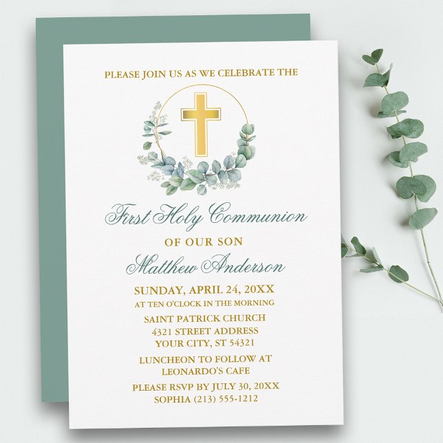 Invitation Aquarelle Eucalyptus Green Gold Première communion (Customize to change text color, size, style or to change color of back of card.)