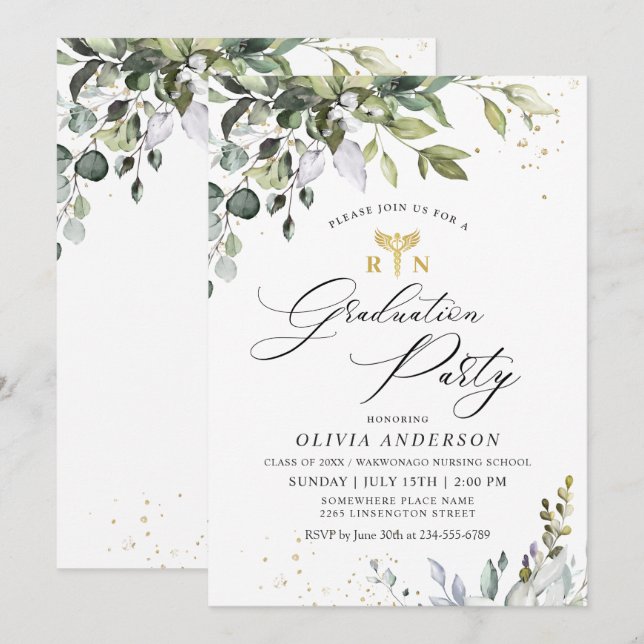 Invitation Aquarelle Eucalyptus Infirmière Diplôme de l'école (Devant / Derrière)