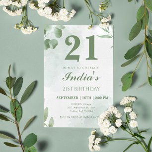 Invitation Aquarelle Eucalyptus Leaf 21e fête d'anniversaire
