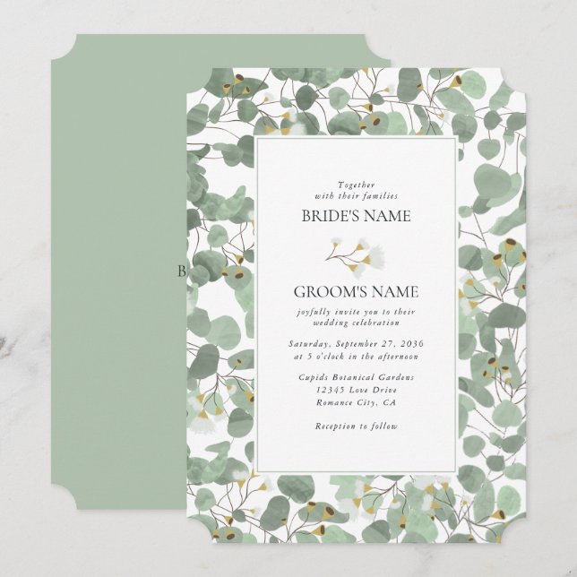 Invitation Aquarelle Eucalyptus Mariage de fleurs vertes (Devant / Derrière)