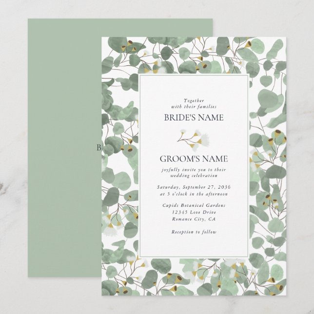 Invitation Aquarelle Eucalyptus Mariage de fleurs vertes (Devant / Derrière)