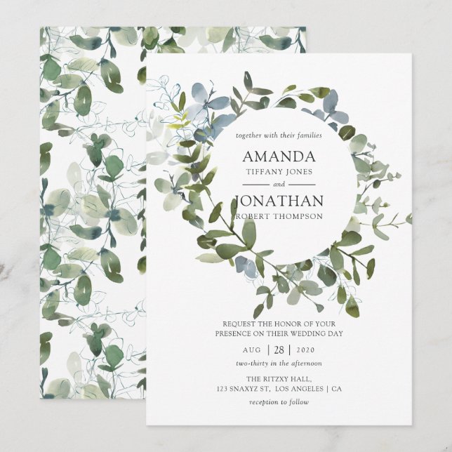 Invitation Aquarelle Eucalyptus Mariage de verdure (Devant / Derrière)