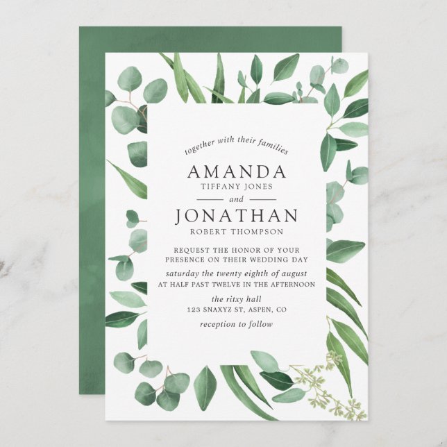 Invitation Aquarelle Eucalyptus Mariage de verdure (Devant / Derrière)