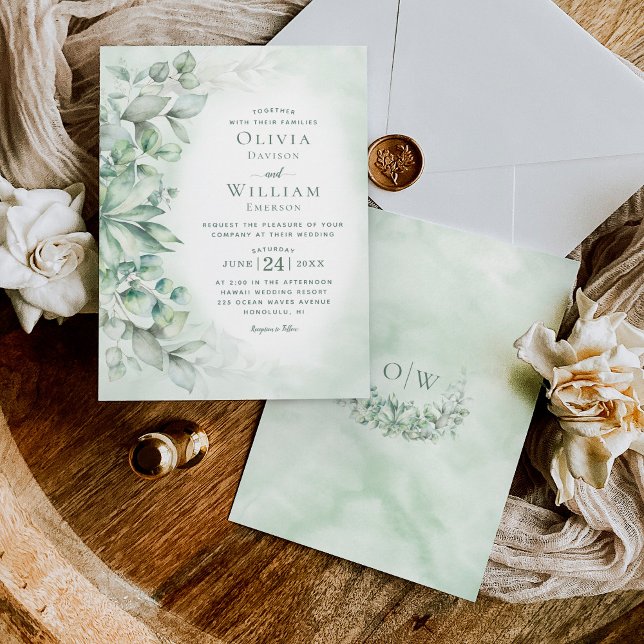 Invitation Aquarelle Eucalyptus Monogramme Sage Mariage vert (Créateur téléchargé)