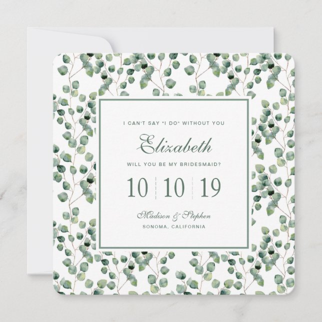 Invitation Aquarelle Eucalyptus Motif feuille - Bridesmaid (Devant)