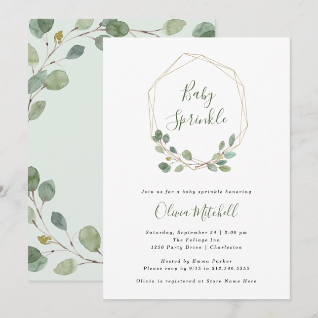 Invitation Aquarelle Eucalyptus Or Géométrique Bébé Sprinkie (Devant / Derrière)