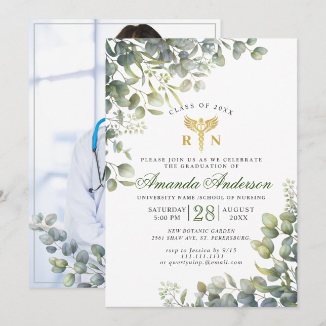 Invitation Aquarelle Eucalyptus PHOTO Diplôme en soins infirm (Devant / Derrière)