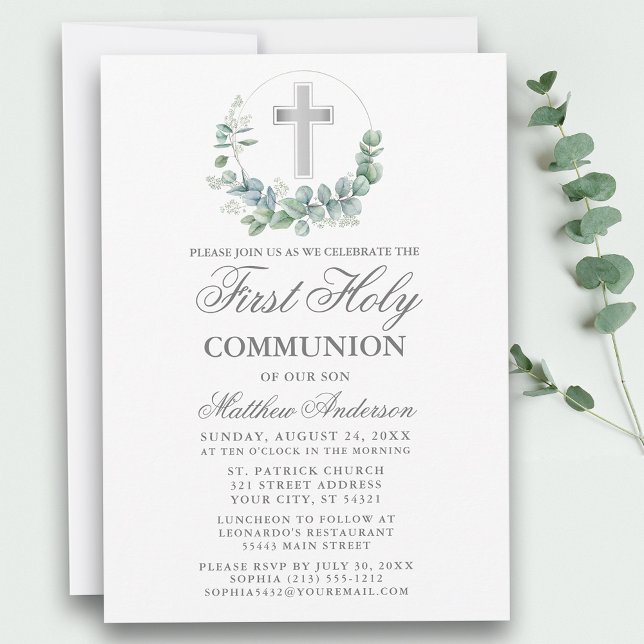 Invitation Aquarelle Eucalyptus Première Communion Argent (Customize to change text size, style, color or to add more text or photos to back of card.)