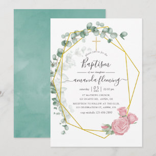 Invitation Aquarelle Eucalyptus Rose Baptême géométrique