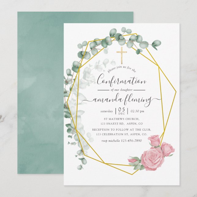 Invitation Aquarelle Eucalyptus Rose Confirmation géométrique (Devant / Derrière)
