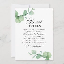 Invitation Aquarelle eucalyptus Sweet 16. Feuillage verdoyant