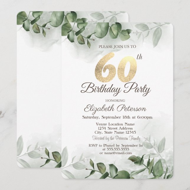 Invitation Aquarelle Eucalyptus Verdure 60e anniversaire (Devant / Derrière)