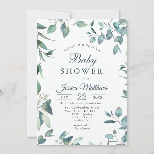 Invitation Aquarelle Eucalyptus Verdure Baby shower NEUTRE (Devant)