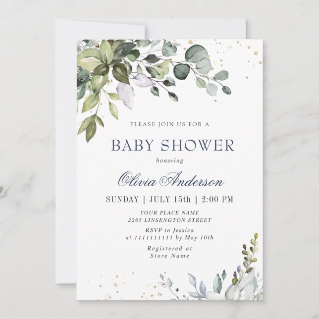 Invitation Aquarelle Eucalyptus Verdure Baby shower NEUTRE (Devant)