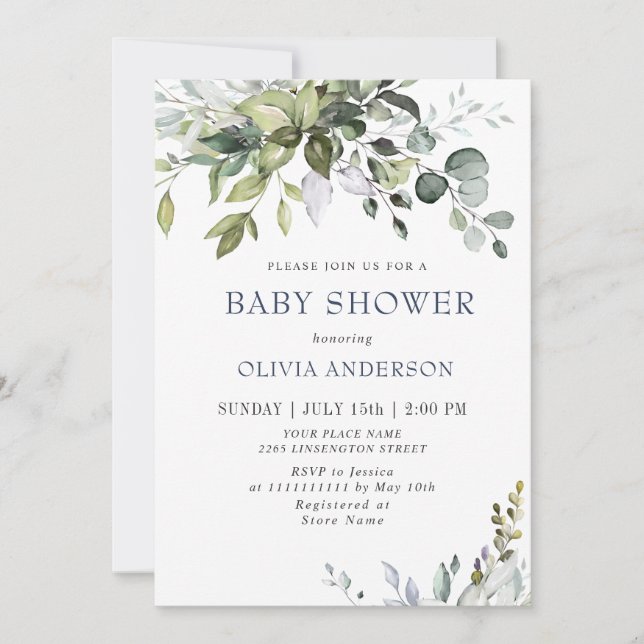Invitation Aquarelle Eucalyptus Verdure Baby shower NEUTRE (Devant)