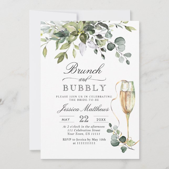 Invitation Aquarelle Eucalyptus Verdure Brunch & Bubbly (Devant)