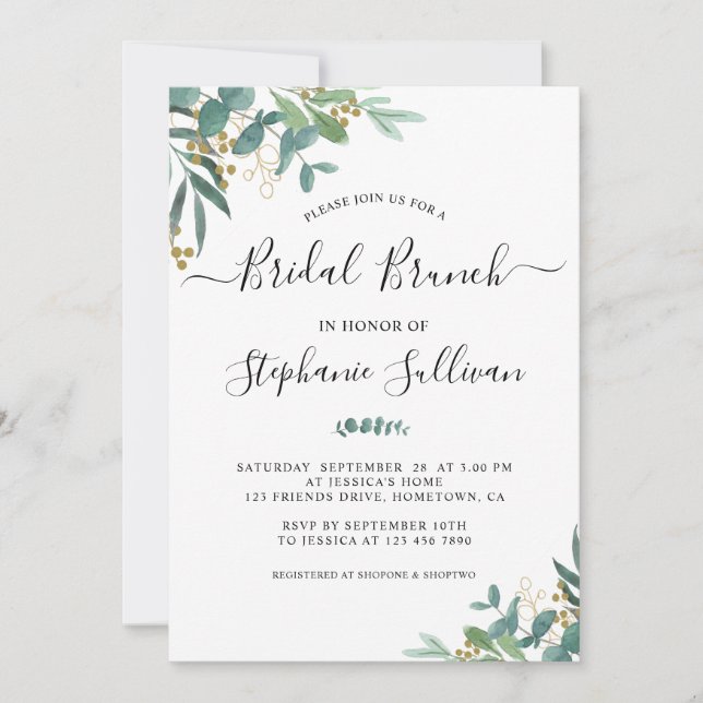 Invitation Aquarelle Eucalyptus Verdure Brunch nuptial (Devant)