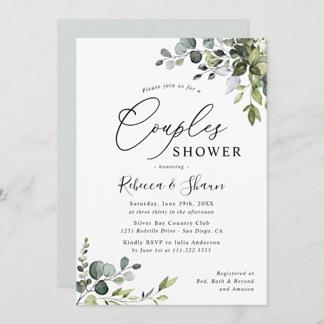 Invitation Aquarelle Eucalyptus Verdure Couples Douche (Devant / Derrière)