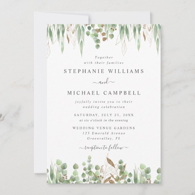 Invitation Aquarelle Eucalyptus Verdure Mariage moderne (Devant)