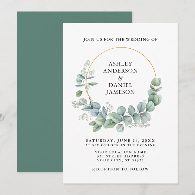 Invitation Aquarelle Eucalyptus Verdure Mariage Or (Devant / Derrière)