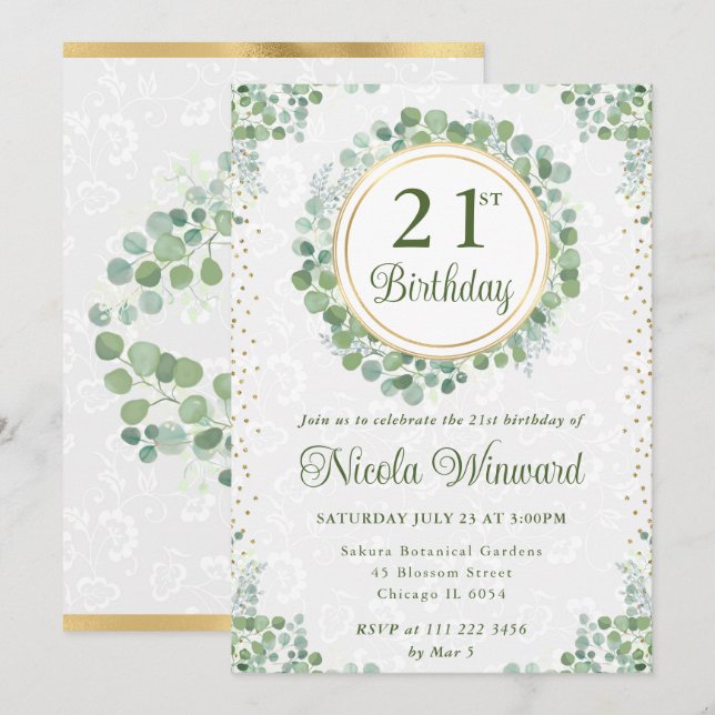 Invitation Aquarelle Eucalyptus Verdure Wreath Anniversaire (Devant / Derrière)