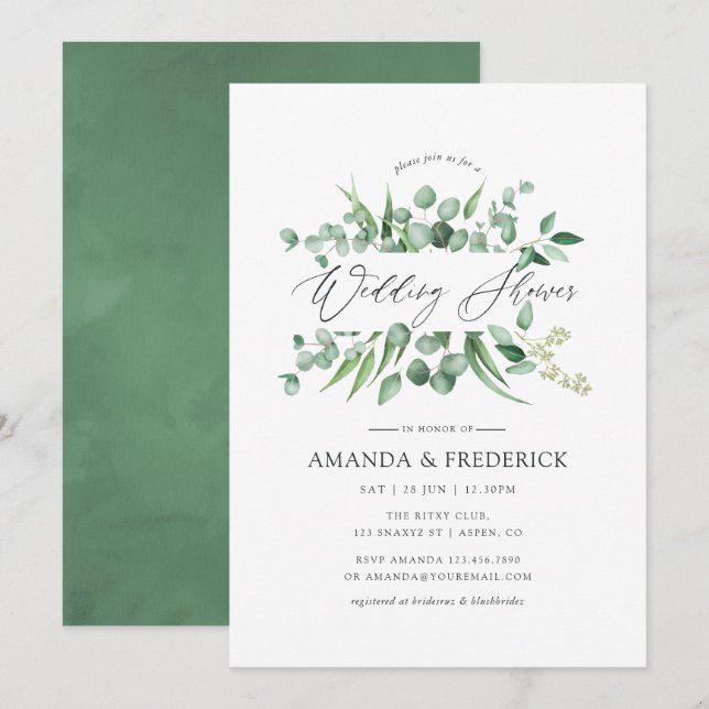 Invitation Aquarelle Eucalyptus Wedding shower de verdure (Devant / Derrière)