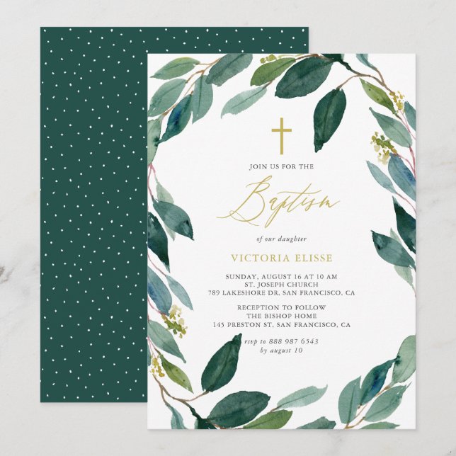 Invitation Aquarelle Eucalyptus Wreath Baptême (Devant / Derrière)
