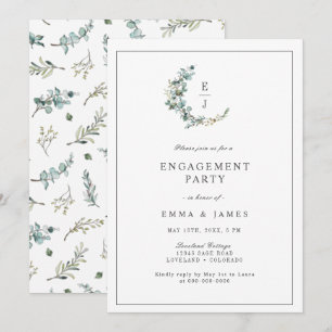 Invitation Aquarelle Eucalyptus Wreath Monogramme Fiançailles
