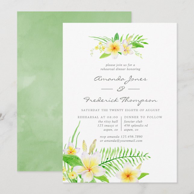Invitation Aquarelle exotique Frangipani Dîner de répétition (Devant / Derrière)