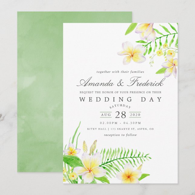 Invitation Aquarelle exotique Frangipani Mariage floral Invit (Devant / Derrière)