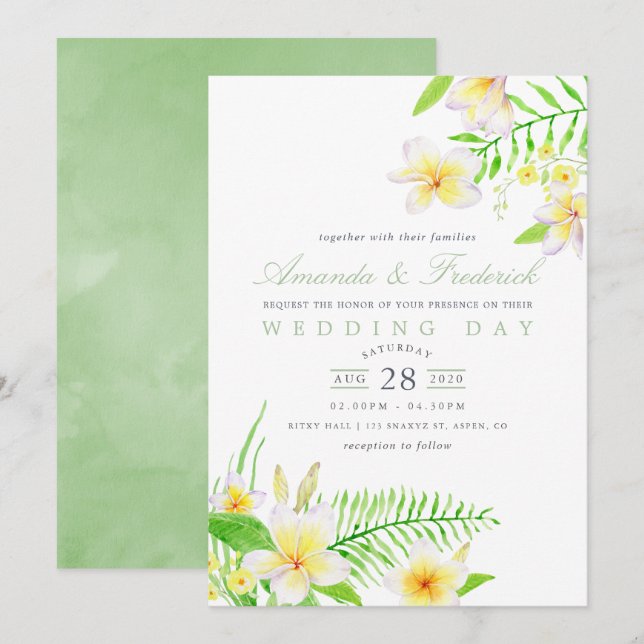 Invitation Aquarelle exotique Frangipani Mariage floral Invit (Devant / Derrière)