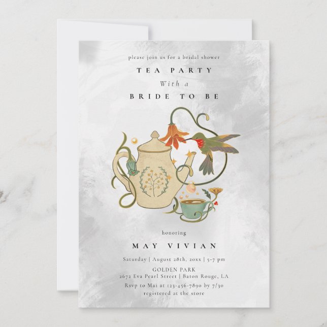 Invitation Aquarelle Faecore fleurie Tea Party Fête des marié (Devant)