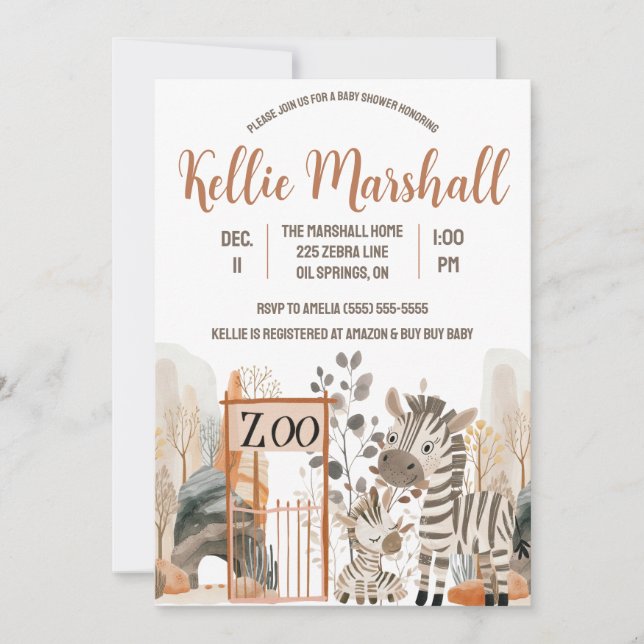 Invitation Aquarelle Famille Zèbre, Zoo, Baby shower (Devant)