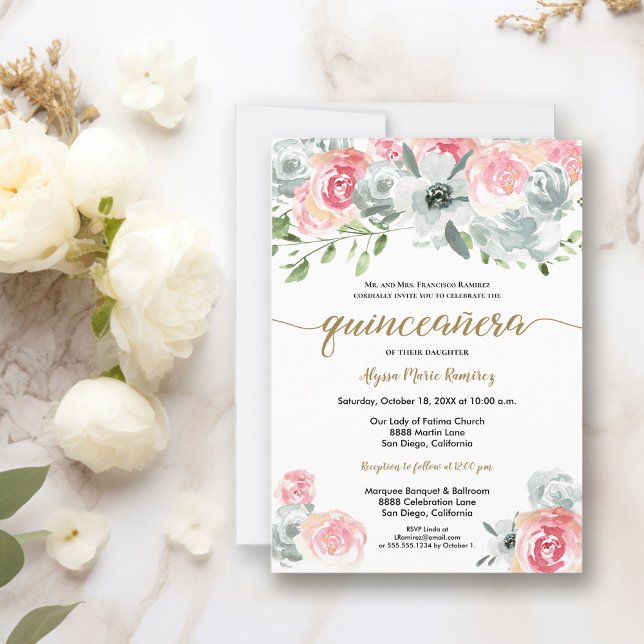 Invitation Aquarelle feminine Boho Quinceanera (Roses watercolor quinceanera invitation)