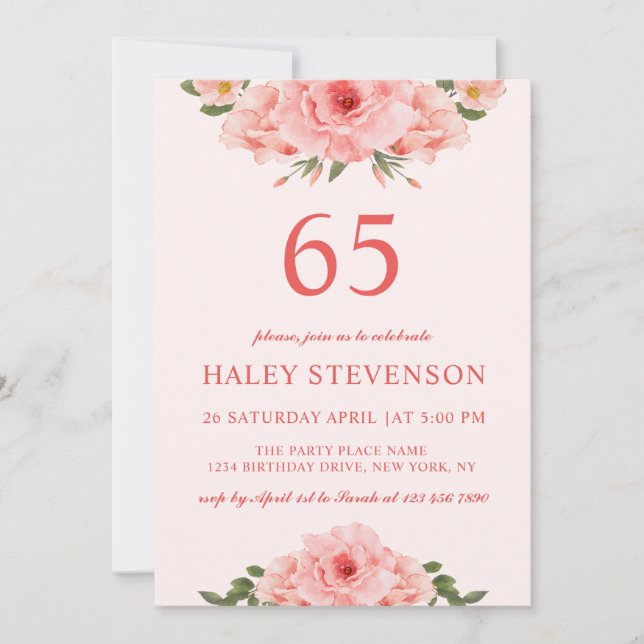 Invitation Aquarelle féminine Coral Chic Floral 65 Anniversai (Devant)