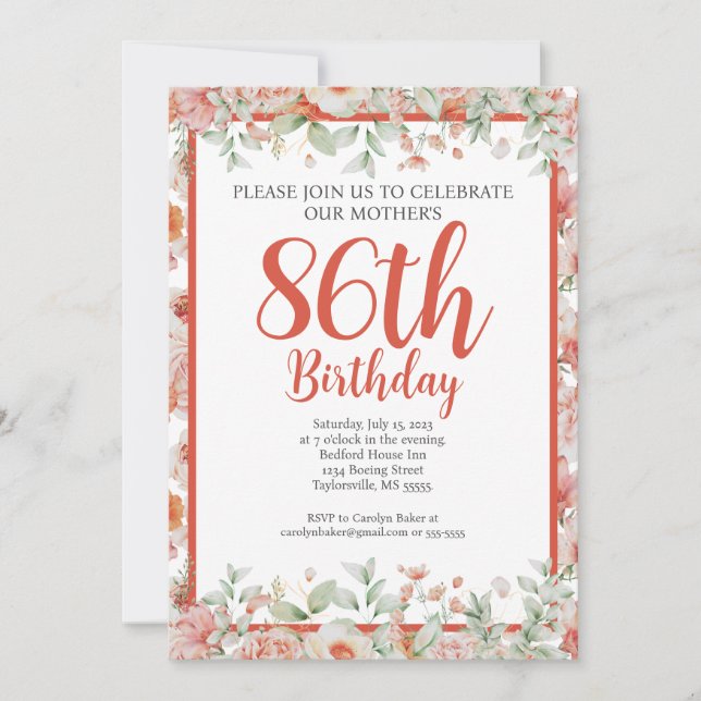 Invitation Aquarelle féminine Floral 86e fête d'anniversaire (Devant)